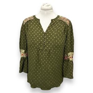 Chico's Women’s Green Jacquard Dot Embroidered  Velvet Details Peasant Blouse M